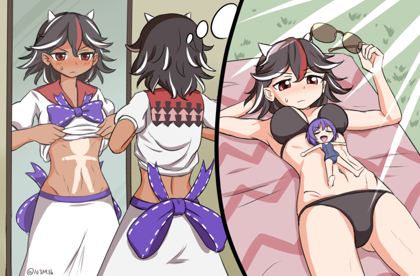 2girls :/ arrow_(symbol) ass bikini black_bikini black_hair blue_one-piece_swimsuit blush blush_stickers bow clothes_lift commentary cone_horns cowboy_shot dark_skin doyagao flipped_hair groin holding holding_removed_eyewear horns igu_(103milk) kijin_seija lifting_own_clothes looking_at_mirror lying lying_on_person midriff mini_person minigirl mirror multicolored_hair multiple_girls navel on_back one-piece_swimsuit purple_bow purple_hair red_hair revealing_tanlines shirt shirt_lift short_hair size_difference skirt small_horns smug stomach streaked_hair sukuna_shinmyoumaru sunbathing sunglasses sweatdrop swimsuit tan tanlines thought_bubble touhou unworn_eyewear v-shaped_eyebrows white_hair white_horns white_shirt white_skirt