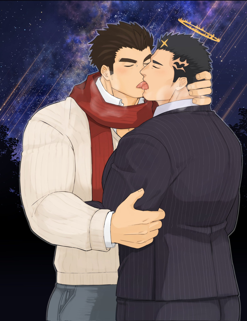 2boys alternate_costume ass bara beard_stubble black_hair black_suit blush breath brown_sweater closed_eyes commentary_request commission contemporary couple facial_hair formal french_kiss from_side grabbing_another's_arm halo hand_on_another's_neck harada_(basashi) highres kissing large_pectorals long_sideburns male_focus mature_male multiple_boys muscular muscular_male mustache_stubble official_alternate_costume pants pectorals protagonist_3_(housamo) red_scarf saliva scarf second-party_source short_hair sideburns skeb_commission striped_clothes striped_pants striped_suit stubble suit sweater thick_eyebrows tokyo_afterschool_summoners tongue tongue_out watermark winter_clothes yaoi zabaniyya_(fashionista_suit)_(housamo) zabaniyya_(housamo)