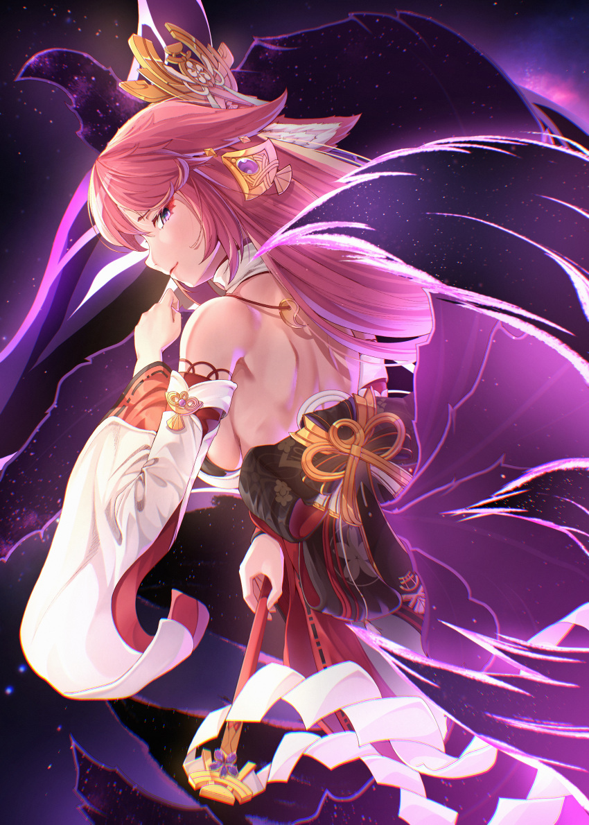 absurdres animal_ears backless_outfit bare_shoulders breasts detached_sleeves earrings female fox_ears fox_girl fox_tail from_behind genshin_impact gohei ha_kang hair_between_eyes hair_ornament highres holding holding_gohei japanese_clothes jewelry light_smile long_hair long_sleeves looking_back multiple_tails nontraditional_miko pink_hair purple_eyes sideboob sidelocks solo tail wide_sleeves yae_miko