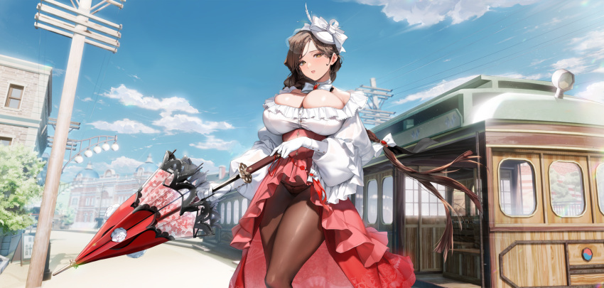 armpit_crease black_panties blue_sky braid breasts brown_hair brown_pantyhose bursting_breasts cleavage cloud collar collarbone corset dress feather_hair_ornament feathers female flower frilled_dress frills game_cg gem gloves hair_ornament hair_ribbon hat_feather high-low_skirt high_heels highres holding holding_umbrella huge_breasts jewelry keumran_(last_origin) lace lace-trimmed_umbrella lace_panties lace_skirt lamppost last_origin layered_skirt long_hair long_skirt looking_at_viewer micro_panties neck_ribbon necklace official_alternate_costume official_art outdoors panties pantyhose parted_lips pink_footwear pinkmill puffy_sleeves red_corset red_gemstone red_skirt red_umbrella ribbon ribbon-trimmed_panties road road_sign rose sign simple_background single_braid skindentation skirt sky solo standing street streetcar string_panties thick_thighs thighs transparent_background umbrella umbrella_flower underwear utility_pole veil white_collar white_dress white_feathers white_flower white_gloves white_headwear white_ribbon white_rose yellow_eyes