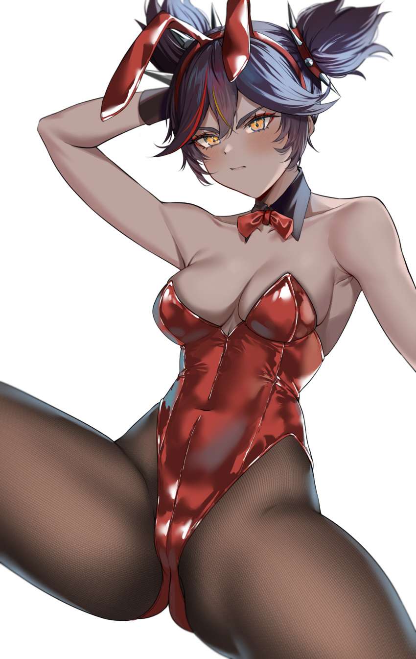 animal_ears arm_up armpit_crease black_hair black_legwear blonde_hair blush breasts cleavage closed_mouth covered_navel dark-skinned_female dark_skin detached_collar fake_animal_ears female genshin_impact hair_between_eyes hand_in_own_hair highres leotard linea_alba looking_at_viewer medium_breasts multicolored_hair pantyhose playboy_bunny rabbit_ears red_hair red_leotard ryudraw shirt streaked_hair thighs two_side_up white_shirt xinyan_(genshin_impact) yellow_eyes