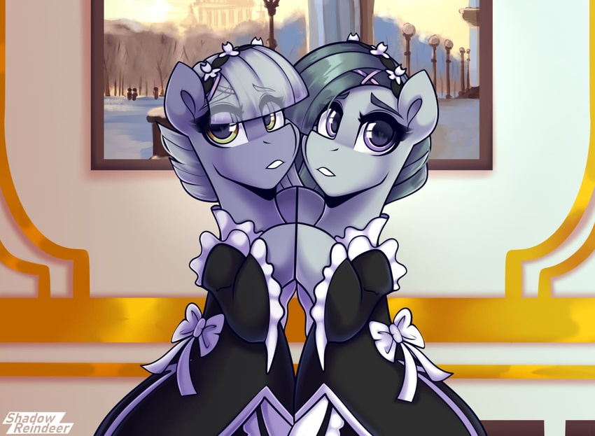 amber_eyes clothing duo earth_pony equid equine female friendship_is_magic hair hasbro holding_hooves horse limestone_pie_(mlp) maid_uniform mammal marble_pie_(mlp) my_little_pony pink_eyes pony shadowreindeer translucent translucent_hair uniform