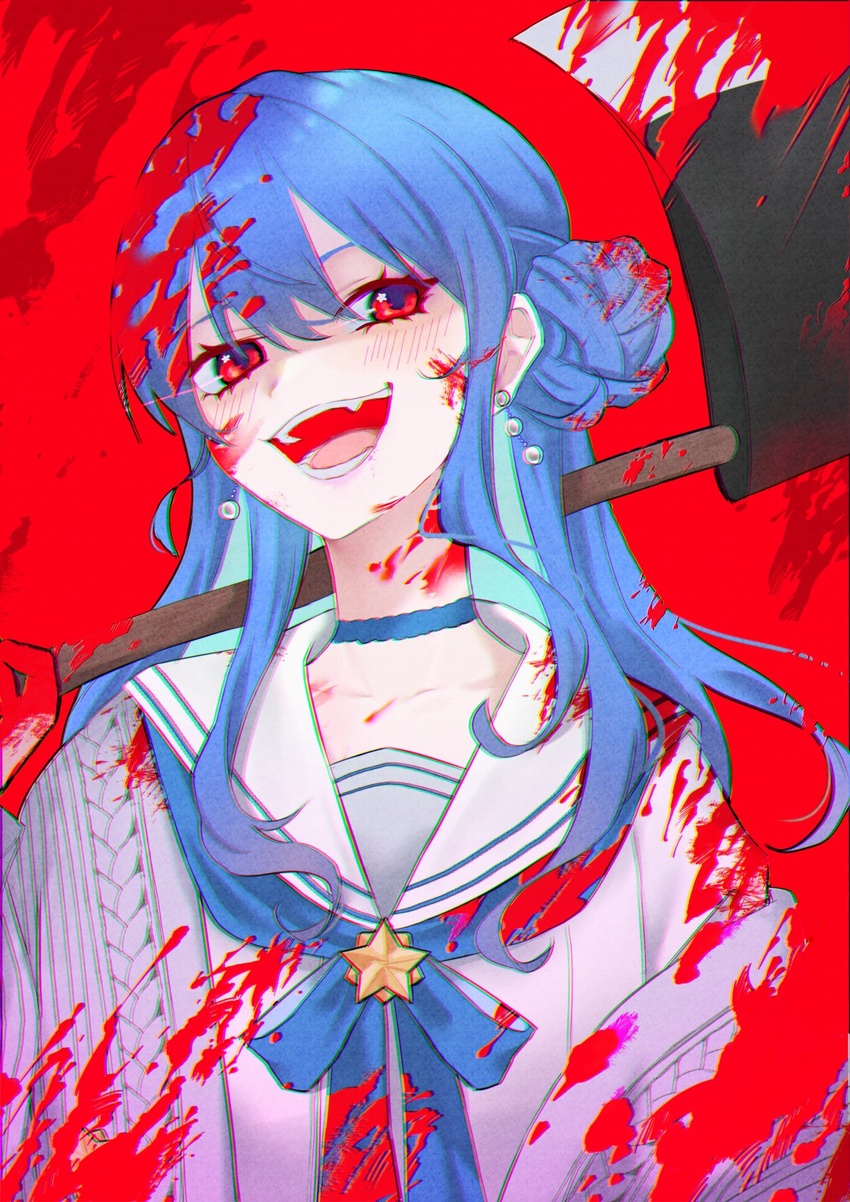 :d alternate_eye_color animal_ears axe blood blood_on_clothes blood_on_face blood_splatter blue_choker blue_hair blush choker chromatic_aberration collarbone female grey_jacket hair_between_eyes hair_bun highres holding holding_axe hololive hoshimachi_suisei hoshimachi_suisei_(school_uniform) jacket long_hair looking_at_viewer official_alternate_costume official_alternate_hair_length official_alternate_hairstyle open_clothes open_jacket red_background red_eyes saco_(cgmore) sailor_collar simple_background single_side_bun smile solo star_(symbol) star_in_eye sweater symbol_in_eye virtual_youtuber white_sailor_collar