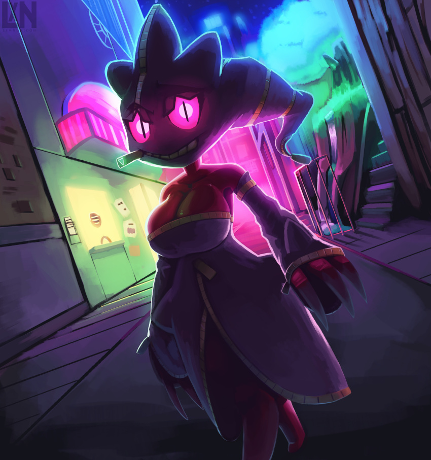 2022 absurd_res anthro breasts city claws clothed clothing female generation_6_pokemon glowing glowing_eyes hi_res lennoxicon looking_at_viewer mega_banette mega_evolution night nintendo outside pokemon pokemon_(species) skimpy smile solo walking zipper zipper_mouth