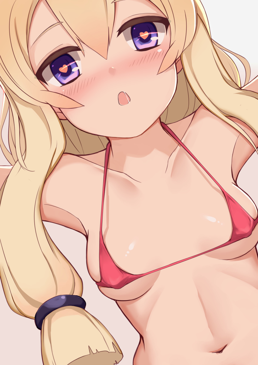 :o absurdres armpits azur_lane bare_shoulders bikini blonde_hair blush breasts collarbone commentary_request covered_nipples ero_mang-a female grey_background hair_between_eyes hair_ribbon heart heart-shaped_pupils highres long_hair looking_at_viewer micro_bikini navel nose_blush open_mouth outstretched_arms purple_eyes red_bikini ribbon saliva sidelocks small_breasts solo swimsuit symbol-shaped_pupils tress_ribbon upper_body warspite_(azur_lane)