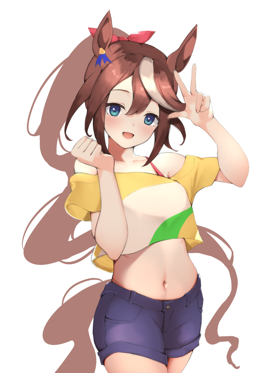 absurdres animal_ears bare_shoulders blue_eyes blue_shorts blush breasts brown_hair collarbone cowboy_shot crop_top female hands_up highres horse_ears horse_girl horse_tail long_hair looking_at_viewer midriff multicolored_hair navel off-shoulder_shirt off_shoulder open_mouth ponytail shirt shorts simple_background small_breasts smile solo streaked_hair striped_clothes striped_shirt tail tokai_teio_(umamusume) tsujiya_okuyasu two-tone_hair umamusume w white_background white_hair yellow_shirt