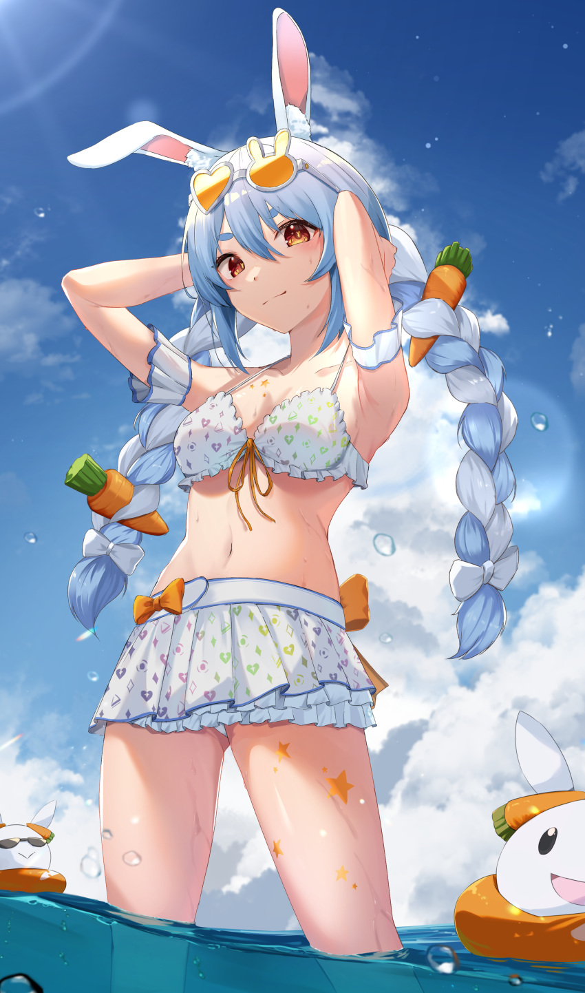 absurdres almico animal_ear_fluff animal_ears arm_garter armpits arms_behind_head bikini bikini_skirt blue_hair blue_sky blush bow braid breasts carrot_hair_ornament closed_mouth cloud day eyewear_on_head female food-themed_hair_ornament frilled_bikini frilled_skirt frills front-tie_top hair_between_eyes hair_ornament hairbow heart heart-shaped_eyewear highres hololive hololive_summer_2022_swimsuit layered_skirt long_hair looking_afar multicolored_hair navel ocean orange_bow outdoors partially_underwater_shot pekomon_(usada_pekora) rabbit-shaped_eyewear rabbit_ears rabbit_girl red_eyes sidelocks skirt sky small_breasts smile solo standing star_(symbol) stomach sunlight swimsuit thick_eyebrows thighs tinted_eyewear twin_braids two-tone_hair usada_pekora virtual_youtuber wading water water_drop wet white-framed_eyewear white_bikini white_bow white_hair white_skirt