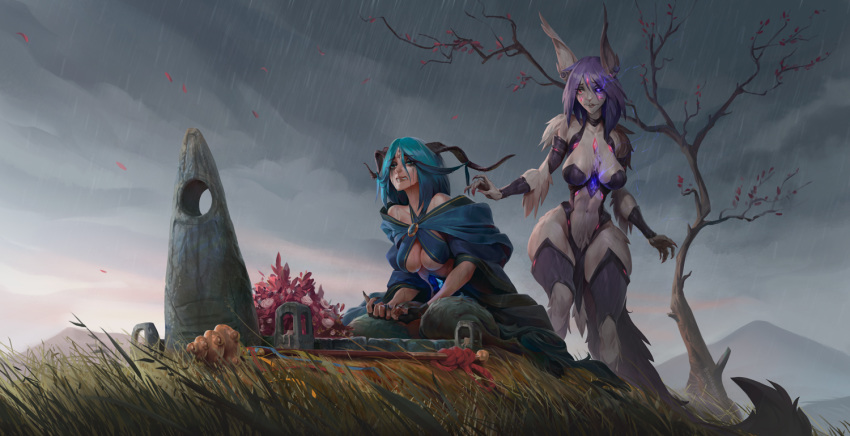 2020 animal_humanoid blue_hair bonifasko breasts clothed clothing day detailed_background digital_media_(artwork) duo female grass graver hair heterochromia horn horned_humanoid humanoid kneeling outside plant purple_eyes skimpy sky wide_hips