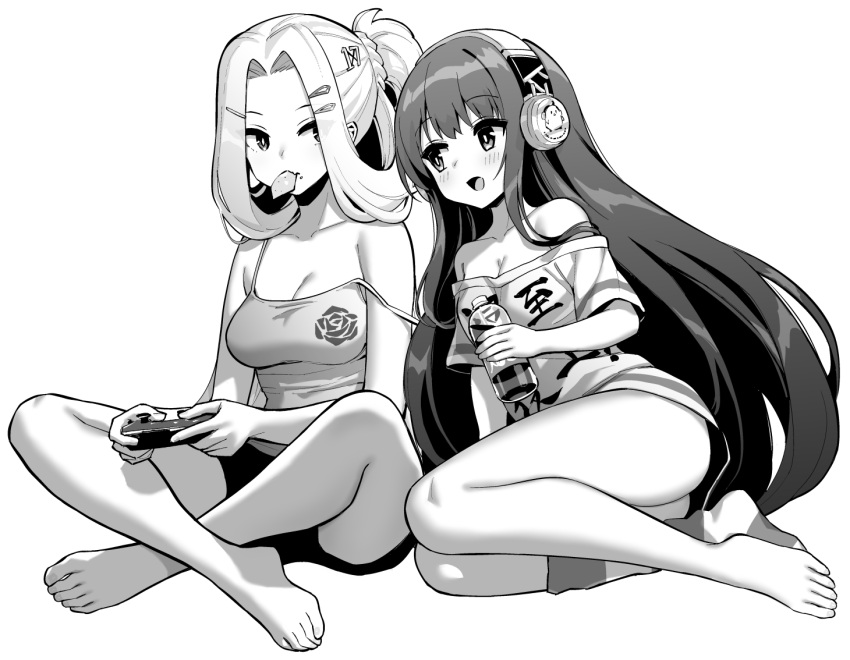 2girls azur_lane azur_lane:_slow_ahead bare_legs bare_shoulders barefoot blush bottle bunker_hill_(azur_lane) bunker_hill_(mission_relaxation)_(azur_lane) camisole chips_(food) clothes_writing controller feet food food_in_mouth game_controller greyscale hair_intakes hair_ornament hairclip headphones holding holding_bottle holding_controller hori_(hori_no_su) indian_style long_hair long_island_(azur_lane) long_island_(long_island_-_indoor_slacker)_(azur_lane) looking_at_another monochrome mouth_hold multiple_girls parted_bangs sidelocks sidelocks_tied_back simple_background single_sock sitting socks spaghetti_strap strap_slip striped_clothes striped_socks toes very_long_hair white_background