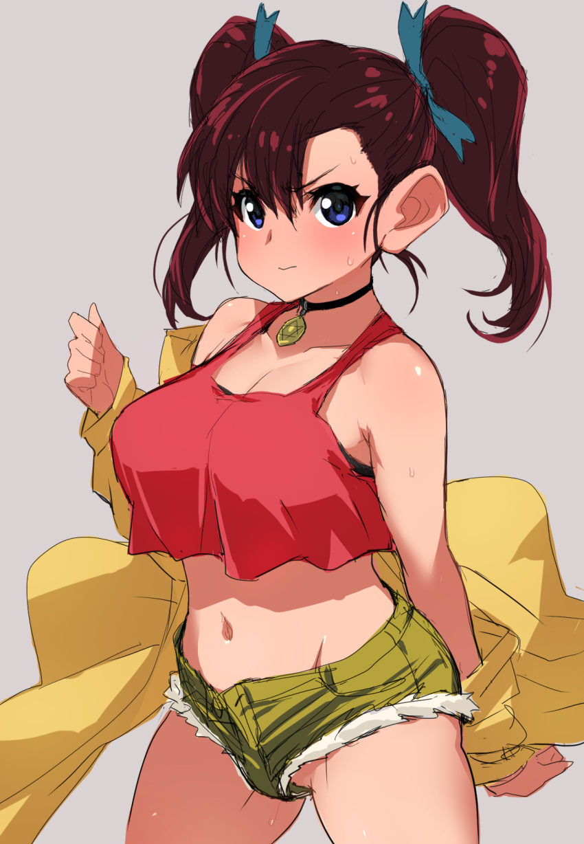 bakusou_kyoudai_let's_&_go!! bakusou_kyoudai_let's_&_go!!_max blue_eyes breasts brown_hair cleavage closed_mouth commentary_request cowboy_shot denim denim_shorts female green_shorts grey_background groin highres jewelry large_breasts looking_at_viewer navel oogami_marina pendant poin_(hidsuki) short_shorts shorts simple_background solo standing tank_top twintails