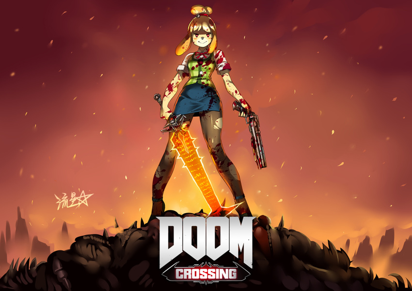 animal_crossing animal_ears bell blonde_hair blood blood_in_hair blood_on_clothes blood_on_face blood_splatter blue_skirt blush_stickers commentary_request crossover crucible_(doom) demon dog_ears dog_girl dog_tail doom_(series) doom_eternal double-barreled_shotgun dual_wielding energy_sword female green_vest gun hair_bell hair_ornament holding isabelle_(animal_crossing) jingle_bell legs_apart logo pantyhose pencil_skirt plaid plaid_vest red_eyes ryuusei_(mark_ii) shirt short_sleeves shotgun skirt smile solo sword tail topknot torn_clothes torn_pantyhose vest weapon white_shirt