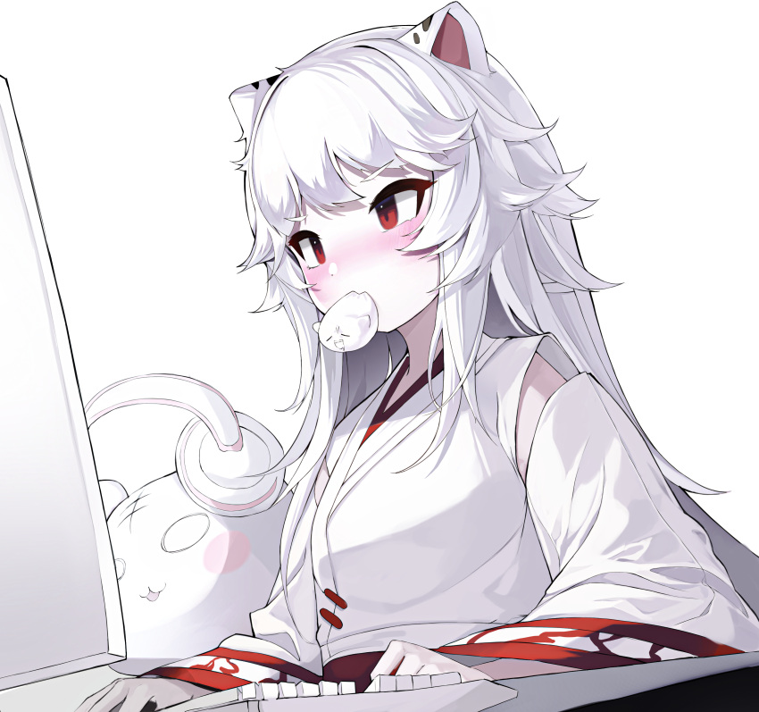 absurdres ahr_tato animal_ears blush cho_hoya commentary computer_keyboard female headphones highres japanese_clothes kimono long_hair long_sleeves monitor mouth_hold plumverse red_eyes simple_background solo tiger_ears very_long_hair white_background white_hair white_kimono wide_sleeves