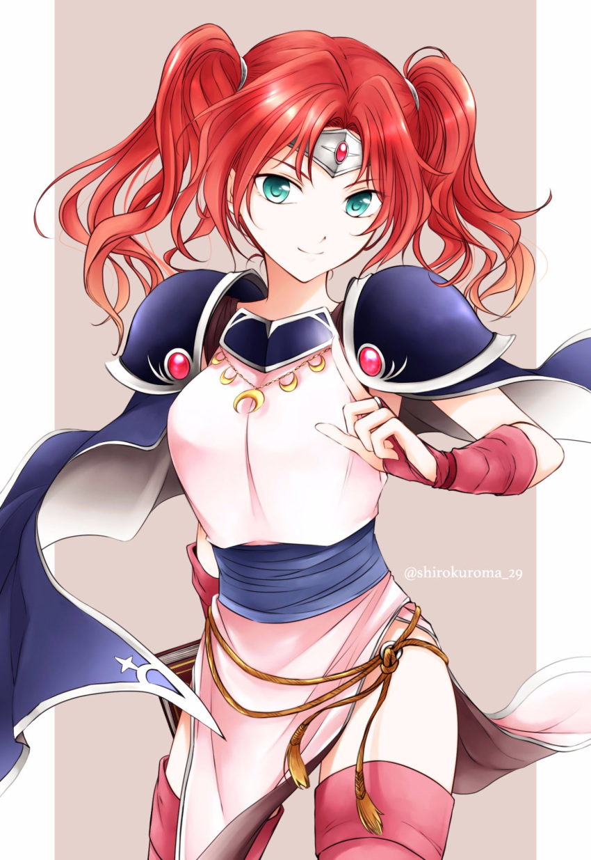 armor cape dress female fire_emblem fire_emblem:_hasha_no_tsurugi gloves green_eyes headband highres jemmy_(fire_emblem) long_hair pink_dress red_gloves red_hair red_thighhighs shirokuroma_29 shoulder_armor side_slit simple_background smile solo thighhighs twintails twitter_username zettai_ryouiki