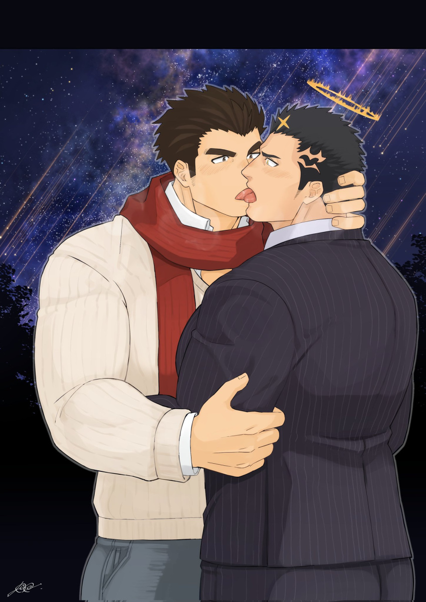 2boys alternate_costume ass bara beard_stubble black_hair black_suit blush breath brown_sweater commentary_request commission contemporary couple eye_contact facial_hair formal french_kiss from_side halo hand_on_another's_neck harada_(basashi) highres kissing large_pectorals long_sideburns looking_at_another male_focus mature_male multiple_boys muscular muscular_male mustache_stubble official_alternate_costume pants pectorals protagonist_3_(housamo) red_scarf saliva scarf second-party_source short_hair sideburns skeb_commission striped_clothes striped_pants striped_suit stubble suit sweater thick_eyebrows tokyo_afterschool_summoners tongue tongue_out v-shaped_eyebrows watermark winter_clothes yaoi zabaniyya_(fashionista_suit)_(housamo) zabaniyya_(housamo)