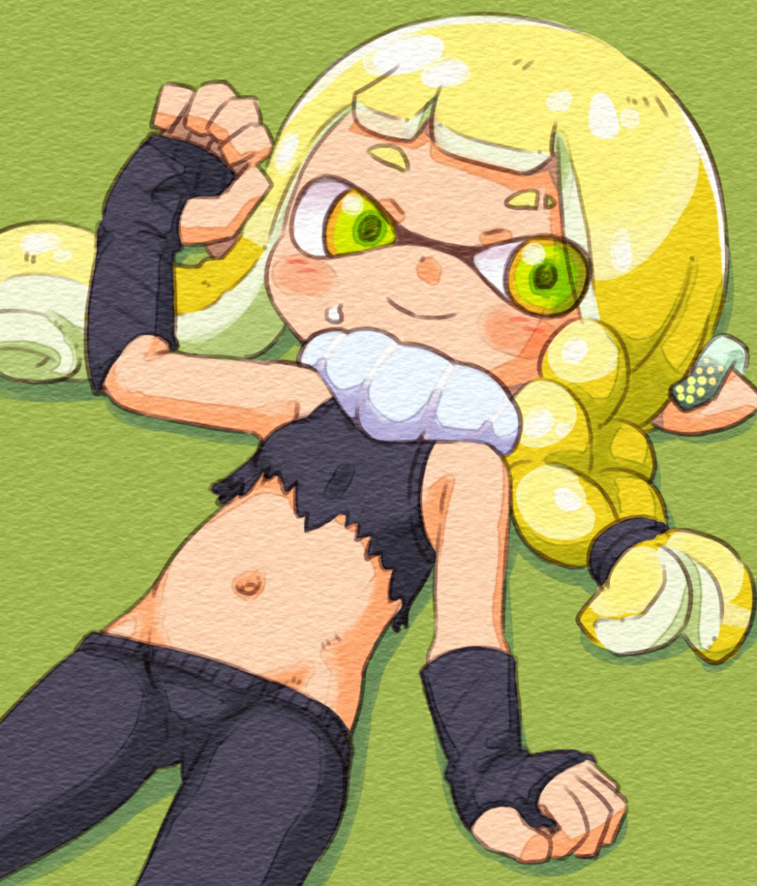 agent_3_(splatoon_3) asymmetrical_hair black_gloves black_pants blonde_hair braid breasts closed_mouth eyebrow_cut eyes_visible_through_hair female fingerless_gloves gloves green_eyes groin highres ikaheigen inkling inkling_girl inkling_player_character long_hair lowleg lowleg_pants lying navel on_back pants small_breasts smile solo splatoon_(series) splatoon_3 squidbeak_splatoon suction_cups tentacle_hair torn_clothes