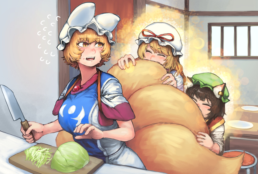 3girls absurdres adapted_costume alternate_eye_color animal_ear_fluff animal_ear_piercing animal_ears animal_hat behind_another blonde_hair blush breasts brown_eyes brown_hair cat_ears chanta_(ayatakaoisii) chen chopping closed_eyes commentary_request counter cowboy_shot cutting_board dress fluffy flustered flying_sweatdrops food fox_tail glowing green_headwear happy hat hat_ribbon highres holding holding_knife indoors jewelry kitchen_knife knife large_breasts long_hair long_skirt long_sleeves looking_at_another looking_back mob_cap multiple_girls multiple_tails nose_blush open_mouth plate red_ribbon red_vest ribbon santoku_knife shirt short_hair skirt sleeves_rolled_up slit_pupils tabard table tail tail_grab teeth tongue touhou vegetable vest white_dress white_headwear white_shirt white_skirt yakumo_ran yakumo_yukari