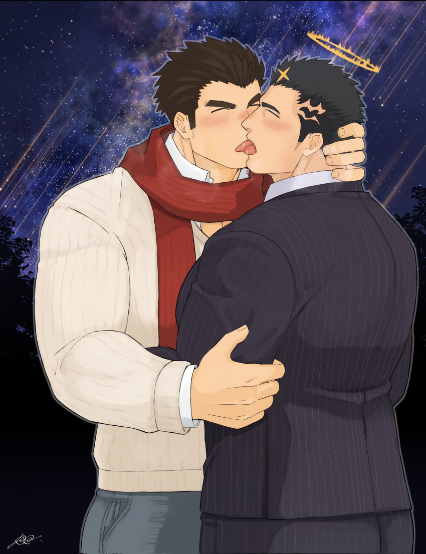 2boys alternate_costume ass bara beard_stubble black_hair black_suit blush breath brown_sweater closed_eyes commentary_request commission contemporary couple facial_hair formal french_kiss from_side grabbing_another's_arm halo hand_on_another's_neck harada_(basashi) highres kissing large_pectorals long_sideburns male_focus mature_male multiple_boys muscular muscular_male mustache_stubble official_alternate_costume pants pectorals protagonist_3_(housamo) red_scarf saliva scarf second-party_source short_hair sideburns skeb_commission striped_clothes striped_pants striped_suit stubble suit sweater thick_eyebrows tokyo_afterschool_summoners tongue tongue_out v-shaped_eyebrows watermark winter_clothes yaoi zabaniyya_(fashionista_suit)_(housamo) zabaniyya_(housamo)