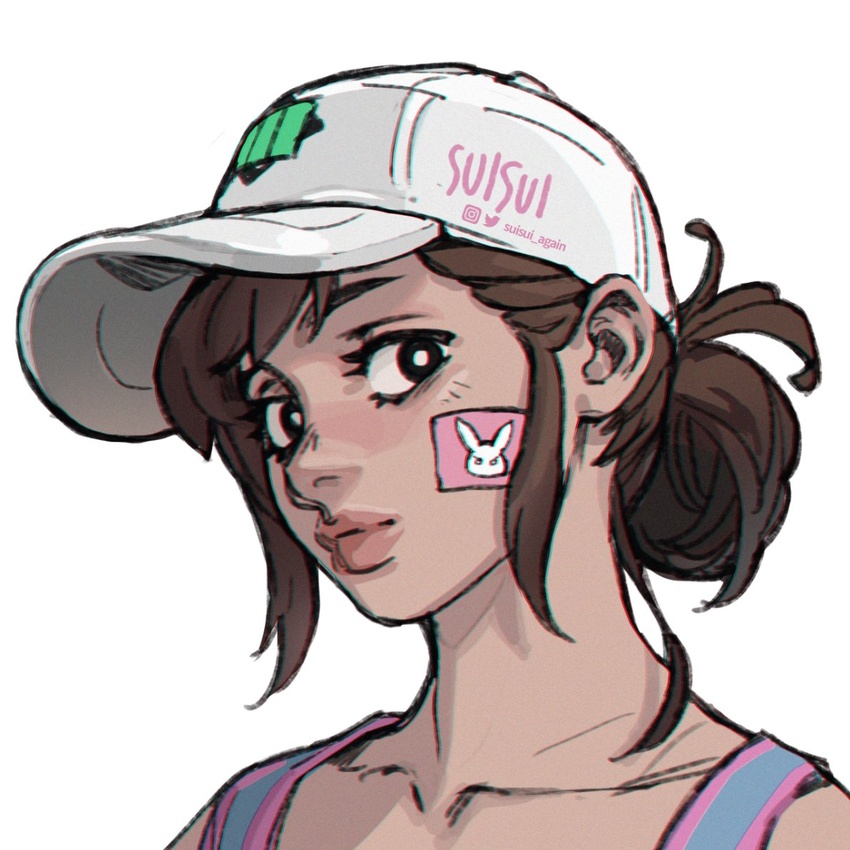 alternate_hairstyle bandaid bandaid_on_cheek bandaid_on_face baseball_cap black_eyes brown_hair collarbone commentary d.va_(overwatch) english_commentary female folded_ponytail hat lips looking_at_viewer nose official_alternate_costume overwatch overwatch_1 portrait shooting_star_d.va short_hair sleeveless solo suisui_again tank_top twitter_username