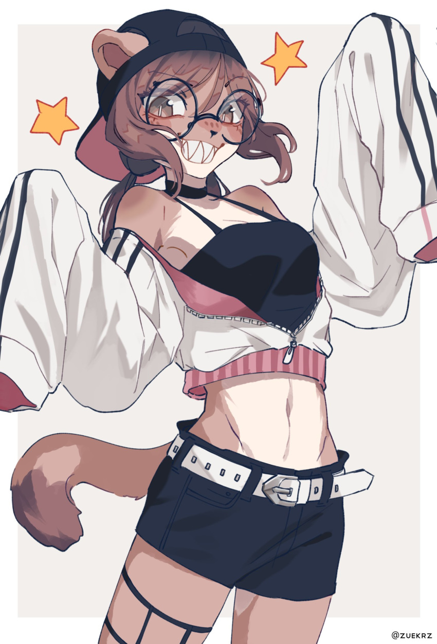 anthro backwards_baseball_cap backwards_hat bangs baseball_cap belt bottomwear breasts brown_body brown_eyes brown_fur brown_hair choker clothed clothing countershading eyewear female freckles fur glasses grin hair hat headgear headwear hi_res jacket jewelry karina_(zuekrz) long_sleeves mammal midriff mustelid musteline navel necklace open_clothing open_jacket open_topwear ponytail sharp_teeth shirt shorts simple_background small_breasts smile solo star tank_top teeth topwear true_musteline weasel white_background white_body white_fur zuekrz