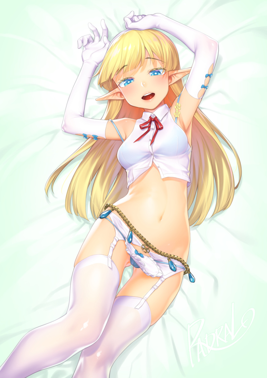 :d armpits arms_up bare_shoulders bikini blonde_hair blue_bikini blue_eyes borrowed_character breasts collared_shirt commentary_request crop_top elbow_gloves elf elf_no_radral female garter_belt gloves h_kasei highres long_hair looking_at_viewer medium_breasts midriff navel neck_ribbon no_pants open_mouth original pointy_ears ribbon see-through shirt sleeveless sleeveless_shirt smile solo stomach string_bikini swimsuit thighhighs white_gloves white_shirt white_thighhighs