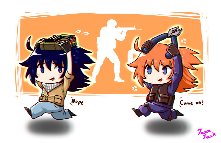 2girls ammunition_pouch anger_vein antenna_hair bad_deviantart_id bad_id black_gloves blue_eyes blue_hair blue_pants bomb brown_shirt chibi clippers counter-strike counter-strike_(series) counter-strike_2 denim explosive fingerless_gloves full_body gloves holding holding_bomb jazz_jack long_hair long_sleeves looking_at_another multiple_girls open_mouth orange_background orange_hair original pants pouch running scarf shirt short_sleeves sweat tactical_clothes two-tone_background vest white_background