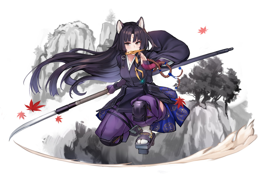 arknights beads beruko14 dog_girl facial_mark female fish food food_in_mouth forehead_mark gloves highres holding holding_polearm holding_weapon japanese_clothes kimono knee_pads naginata polearm prayer_beads protected_link puffy_pants purple_gloves purple_kimono saga_(arknights) shiba_inu solo tabi weapon