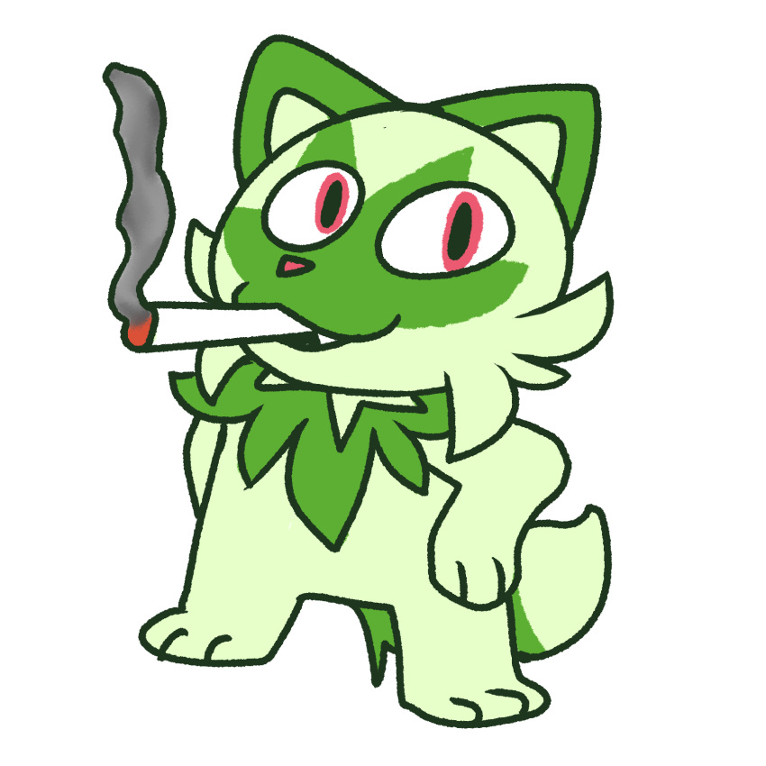 1:1 ambiguous_gender anthro anthrofied black_outline cheek_tuft chest_tuft drugs facial_markings facial_tuft felid feline fur generation_9_pokemon green_body green_fur green_inner_ear green_markings head_markings hi_res humor leg_markings mammal marijuana mario_smoking_weed markings meme multicolored_body multicolored_fur nintendo outline pink_nose pokemon pokemon_(species) pokemorph ralsei_smoking_blunt red_eyes smoking socks_(marking) solo sprigatito thatguynamedjoe toony tuft two_tone_body two_tone_fur