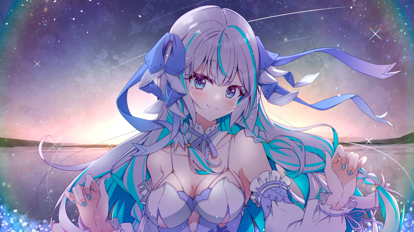 absurdres blue_eyes blue_hair blush bow braid breasts commentary female hair_ribbon hairbow highres ichijo_rei indie_virtual_youtuber large_breasts looking_at_viewer mikagami_ryou multicolored_hair nail_polish ocean revealing_clothes ribbon sky solo star_(sky) starry_sky virtual_youtuber water white_hair