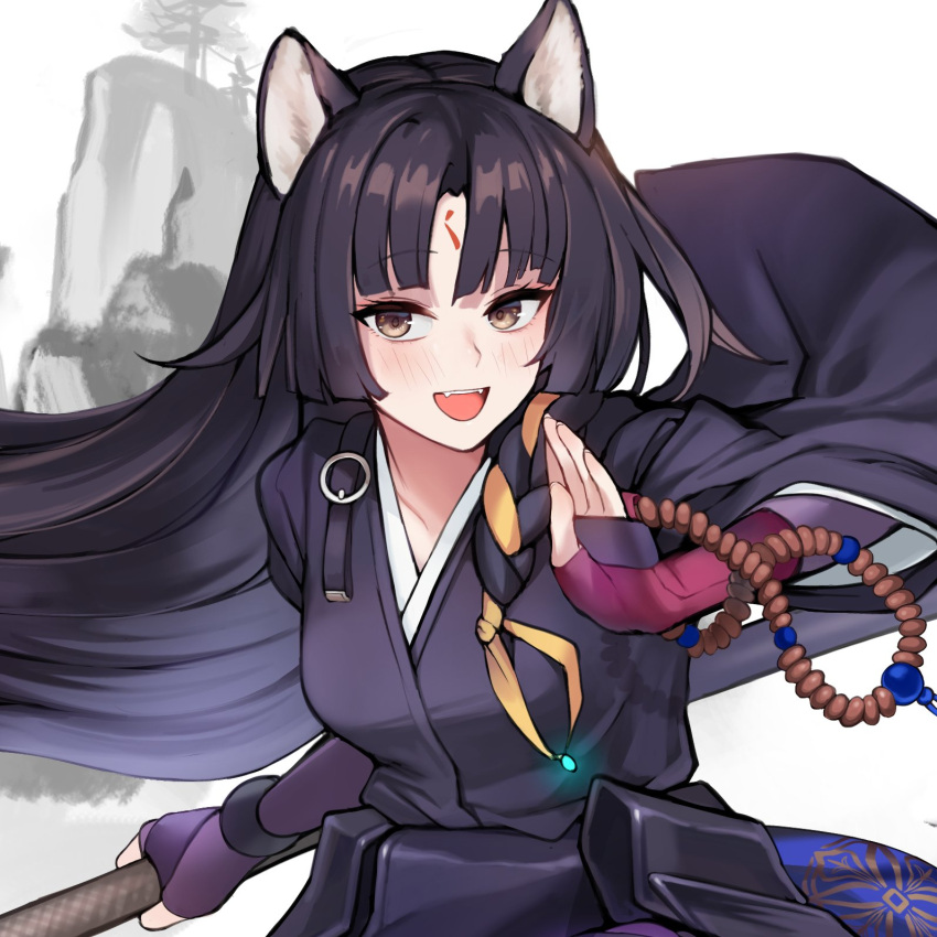 arknights beads beruko14 close-up dog_girl facial_mark female forehead_mark gloves highres holding holding_polearm holding_weapon japanese_clothes kimono naginata open_mouth polearm prayer_beads protected_link purple_gloves purple_kimono saga_(arknights) shiba_inu solo weapon