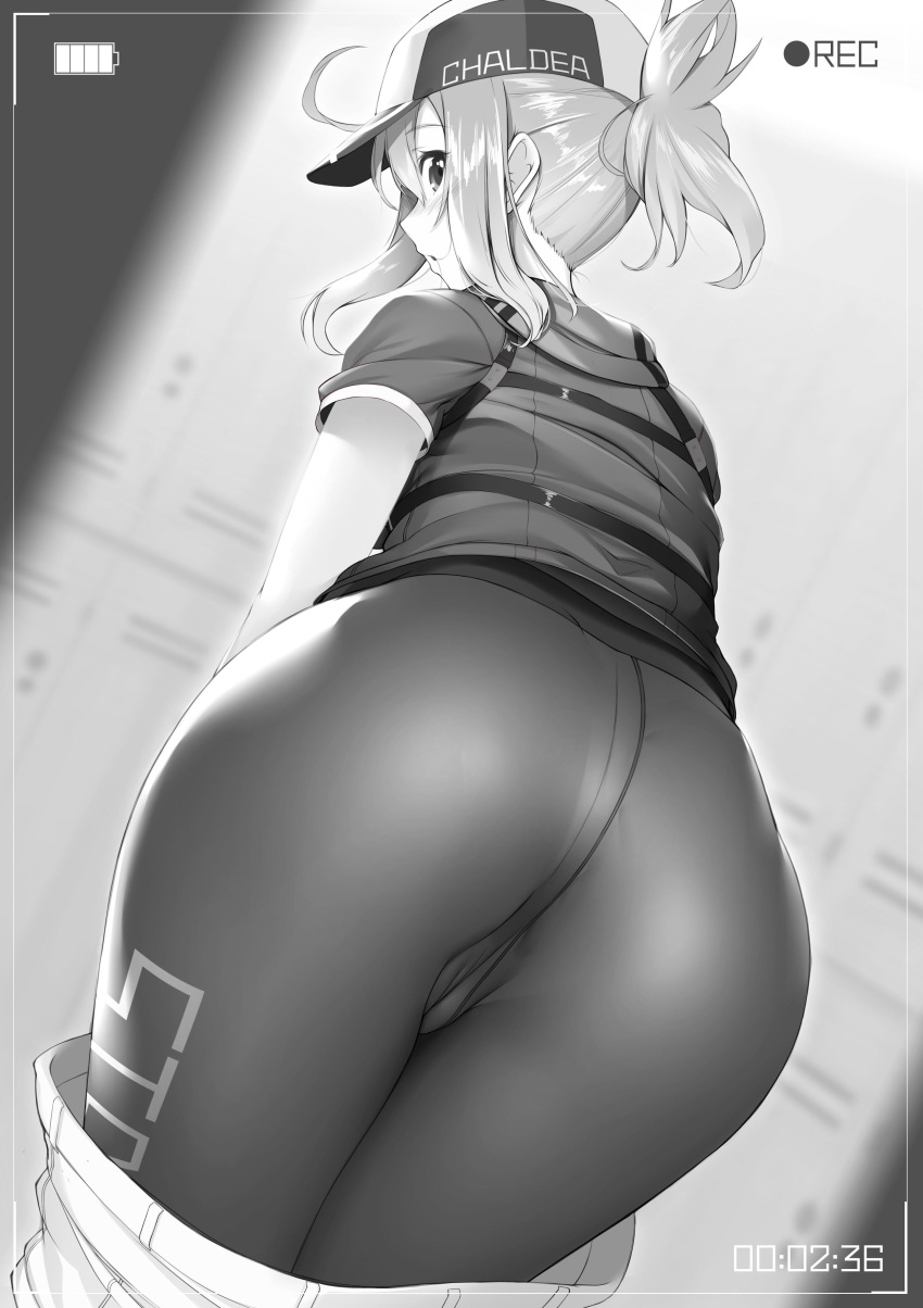 absurdres ahoge artoria_pendragon_(fate) ass back baseball_cap blush breasts fate/grand_order fate_(series) female fine_fabric_emphasis greyscale hamada_miku hat highres long_hair looking_at_viewer looking_back monochrome mysterious_heroine_xx_(fate) mysterious_heroine_xx_(festival_outfit)_(fate) open_mouth pantyhose ponytail solo thighs