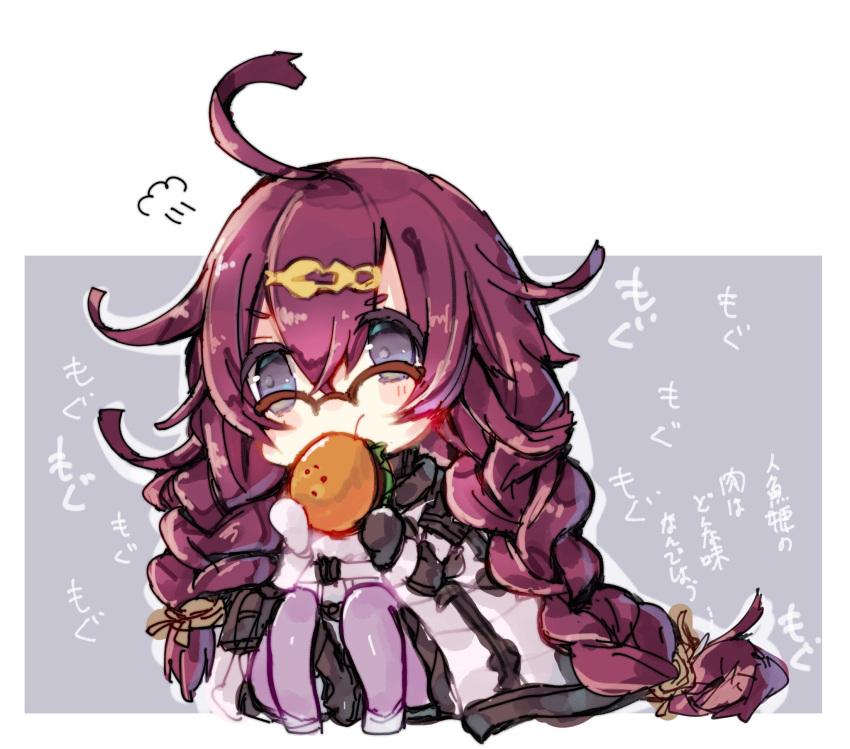 braid burger chibi dorothy_(sinoalice) dress eating female food full_body glasses hair_between_eyes hair_ornament hairpin highres holding holding_food leggings long_hair long_sleeves looking_at_viewer merry-san purple_background purple_eyes purple_hair sinoalice sitting solo twin_braids white_background white_dress