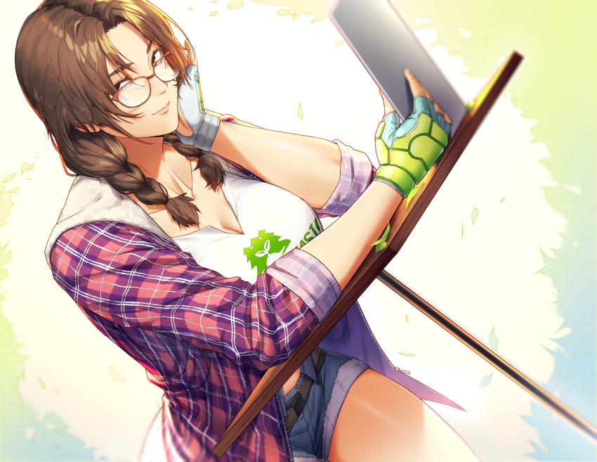 bad_id bad_pixiv_id belt braid breasts checkered cleavage closed_mouth collarbone commentary_request denim denim_shorts dutch_angle female fingerless_gloves glasses gloves green_gloves hand_on_own_cheek hand_on_own_face highres holding holding_tablet_pc houjoh_(7th-heaven) julia_chang large_breasts looking_at_viewer parted_bangs shirt shorts sleeves_rolled_up smile solo table tablet_pc tekken tekken_7 thighs twintails white_shirt