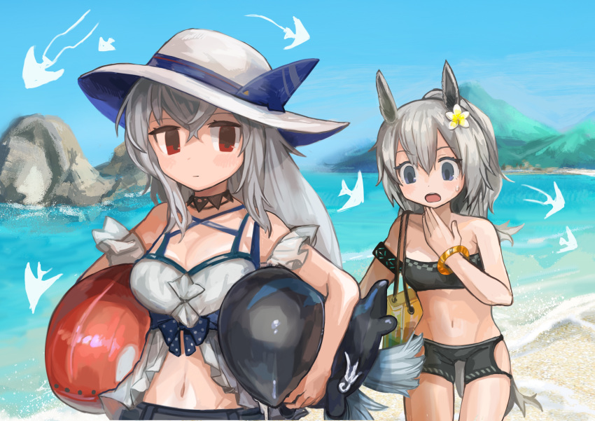 2girls absurdres animal_ears arknights bag bare_shoulders beach bikini black_bikini black_choker bracelet breasts buchi0122 carrying carrying_under_arm choker cleavage collar collarbone commentary day flower grani_(arknights) grey_hair hair_between_eyes hair_flower hair_ornament handbag highres hip_vent horse_ears horse_girl horse_tail infection_monitor_(arknights) inflatable_orca inflatable_toy jewelry long_hair medium_breasts multiple_girls navel off-shoulder_shirt off_shoulder official_alternate_costume open_mouth outdoors ponytail purple_eyes red_eyes shirt skadi_(arknights) skadi_(waverider)_(arknights) sky stomach swimsuit tail white_flower