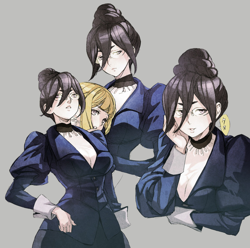 2girls black_hair blonde_hair breasts choker formal fumitan_admoss glasses grey_background gundam gundam_tekketsu_no_orphans hair_between_eyes hair_bun kudelia_aina_bernstein maeshima_shigeki multiple_girls multiple_views puffy_sleeves simple_background single_hair_bun speech_bubble upper_body