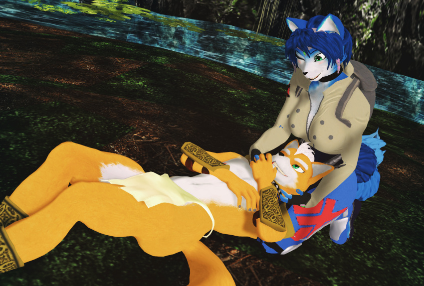 3d_(artwork) anthro blue_body blue_fur blue_hair bottomwear breasts canid canine clothed clothing digital_media_(artwork) duo female fox fox_mccloud fur hair hi_res krystal_(star_fox) loincloth male male/female malicekira mammal mikumikudance_(artwork) nintendo role_reversal romantic romantic_couple star_fox topless tribal warfare_fox warfare_krystal warfare_machine white_body white_fur