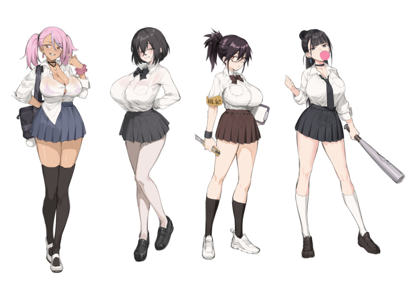 4girls armband bag baseball_bat black_bow black_bowtie black_choker black_eyes black_footwear black_hair black_necktie black_skirt black_thighhighs blowing_bubbles blue_hair blue_skirt bow bowtie boxcutter bra bra_visible_through_clothes breasts bright_pupils brown_eyes brown_skirt button_gap chewing_gum choker cleavage clipboard collared_shirt commentary_request dark-skinned_female dark_skin earrings glasses grin gyaru holding holding_baseball_bat holding_boxcutter holding_clipboard jewelry kazama_ritsuko kogal large_breasts loafers long_hair loose_necktie multicolored_hair multiple_girls necklace necktie original pantyhose partially_unbuttoned pink_bra pink_hair pink_scrunchie pleated_skirt pointing pointing_at_self ponytail school_uniform scrunchie semi-rimless_eyewear shirt shirt_partially_tucked_in shirt_tucked_in shoes short_hair shoulder_bag skirt smile sneakers socks streaked_hair tan thighhighs try_(lsc) twintails underwear white_bra white_footwear white_pantyhose white_pupils white_shirt white_socks wrist_scrunchie yellow_armband