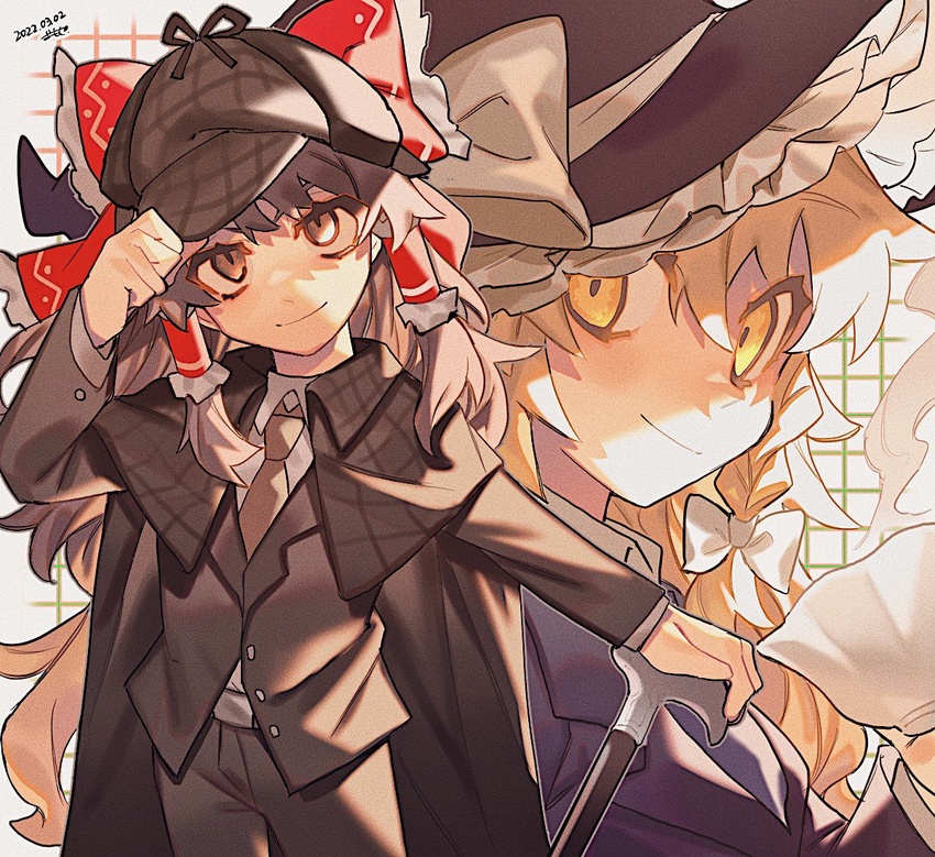 2girls alternate_costume blonde_hair bow braid brown_cape brown_headwear cane cape dated deerstalker detective frilled_hat frills gomoku_(gomoku418) hair_between_eyes hair_tubes hairbow hakurei_reimu hand_on_headwear hat holding jacket kirisame_marisa long_hair long_sleeves multiple_girls necktie pants red_bow shirt side_braid simple_background smile touhou white_bow witch_hat yellow_eyes