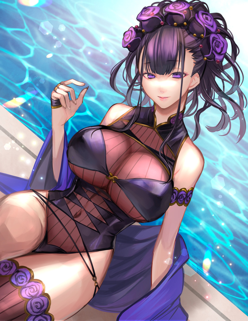 absurdres armlet black_hair breasts casual_one-piece_swimsuit covered_navel fate/grand_order fate_(series) female flower hair_flower hair_ornament highres large_breasts murasaki_shikibu_(fate) murasaki_shikibu_(swimsuit_rider)_(fate) murasaki_shikibu_(swimsuit_rider)_(first_ascension)_(fate) one-piece_swimsuit pool poolside purple_eyes ri-ko smile swimsuit thighhighs water