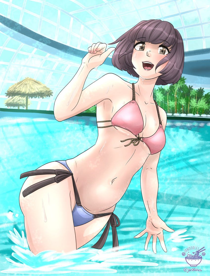 absurdres artist_logo artist_name bare_arms bare_shoulders bikini bob_cut breasts brown_eyes brown_hair collaboration collarbone commentary digimon digimon_rearise english_commentary female hand_up happy highres indoors janoodles kohinata_mayu looking_at_viewer medium_breasts mismatched_bikini navel open_mouth pool short_hair smile solo standing swimsuit teeth tongue twitter_username vinsuality wading water watermark