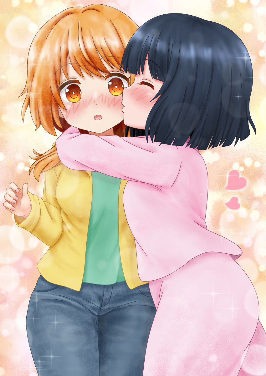 2girls :o absurdres amano_akari bishie_sparkle black_hair blush bob_cut closed_eyes commentary denim funoki heart highres hug jacket jeans kissing kissing_cheek medium_hair multiple_girls natsuki_hinata open_mouth orange_eyes orange_hair pants shirt short_hair simple_background sparkle_background surprised tonari_no_kyuuketsuki-san yuri