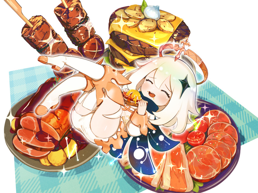 "pile_'em_up"_(genshin_impact) adventurer's_breakfast_sandwich_(genshin_impact) boots bread cheese chicken-mushroom_skewer_(genshin_impact) closed_eyes cold_cut_platter_(genshin_impact) constellation eggs_benedict female food food_on_face genshin_impact hair_ornament halo highres long_hair long_sleeves meat open_mouth paimon_(genshin_impact) romper sauce seigetsu_kotaku skewer smile solo sparkle sticky_honey_roast_(genshin_impact) thigh_boots thighhighs white_footwear white_hair white_romper