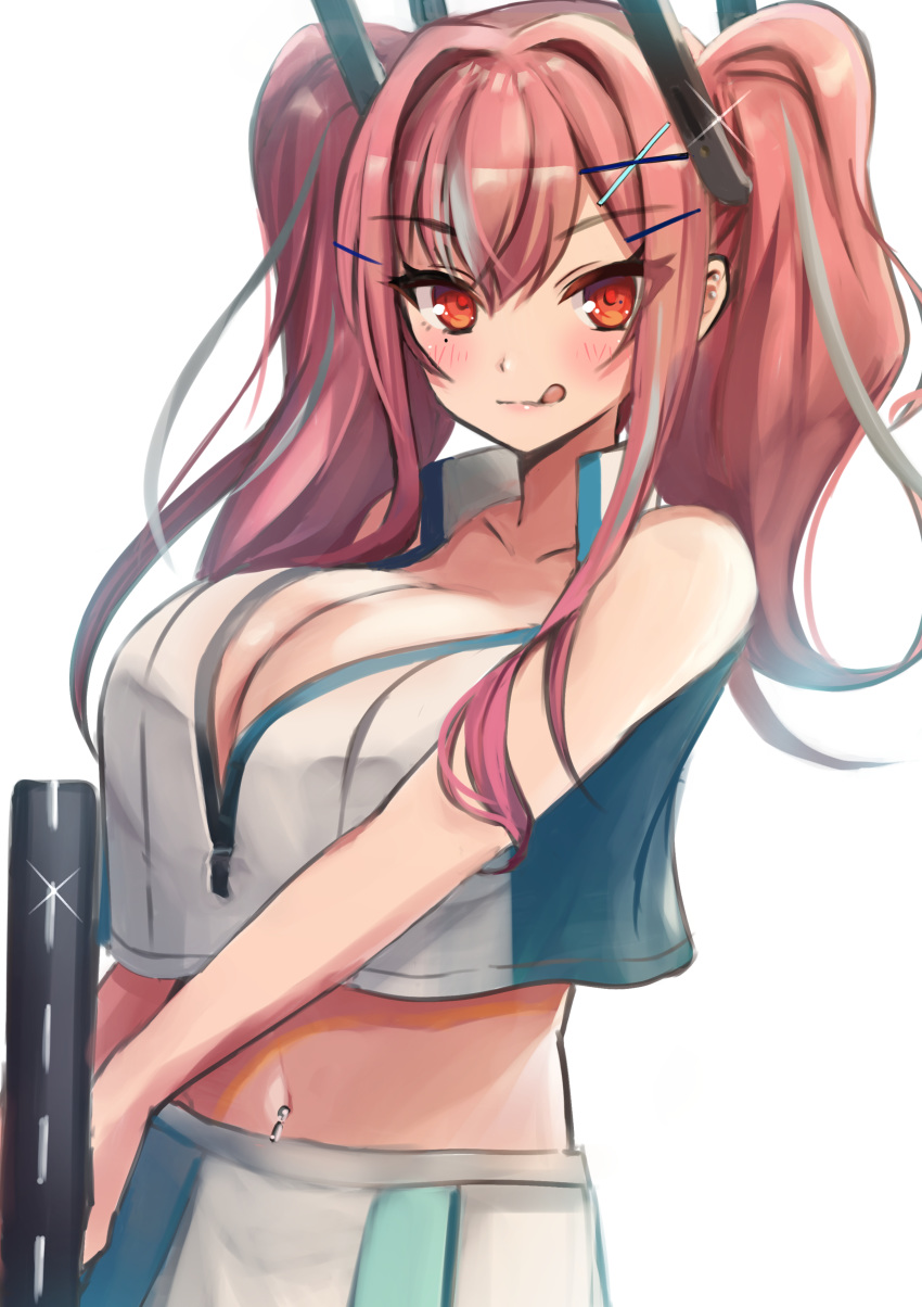 :q absurdres azur_lane bare_shoulders blush breasts bremerton_(azur_lane) bremerton_(scorching-hot_training)_(azur_lane) center_opening cleavage commentary crop_top female hair_between_eyes hair_intakes hair_ornament hairclip highres holding holding_racket huge_breasts large_breasts long_hair looking_at_viewer midriff mole mole_under_eye multicolored_hair navel navel_piercing official_alternate_costume piercing pink_hair popped_collar racket red_eyes rei_(ilust9999) shirt skirt sleeveless sleeveless_shirt sportswear streaked_hair tennis_racket tennis_uniform tongue tongue_out twintails two-tone_shirt two-tone_skirt x_hair_ornament