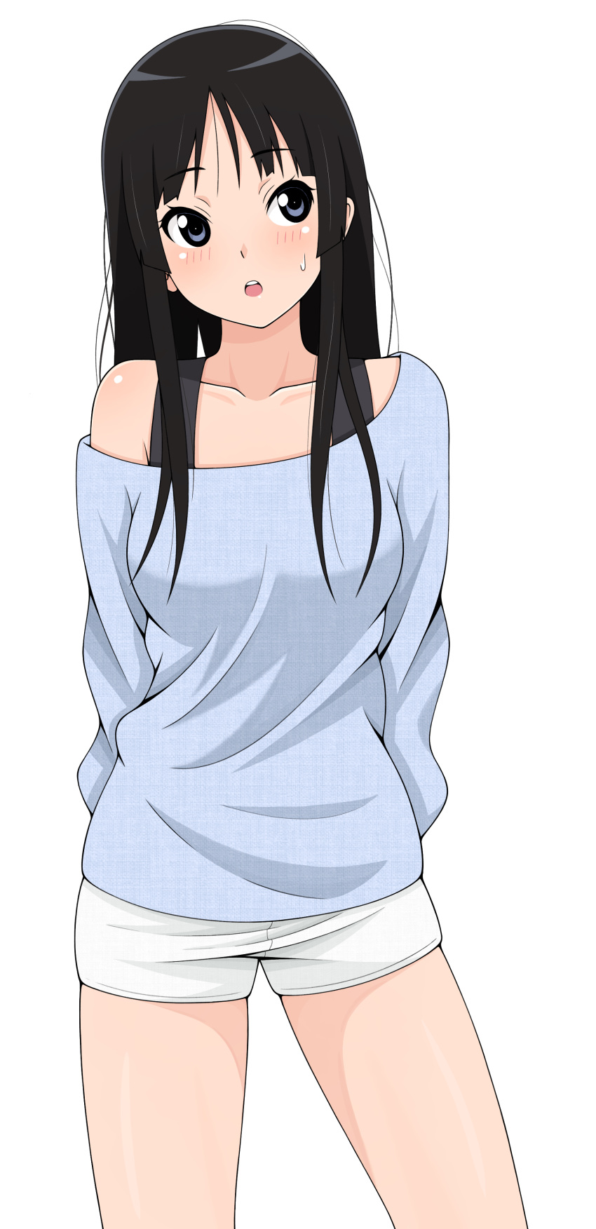 :o absurdres akiyama_mio arms_behind_back black_hair blue_eyes blue_shirt blush bra_strap breasts casual collarbone cowboy_shot female highres ito_kashiwamochi k-on! long_hair long_sleeves looking_at_viewer medium_breasts off_shoulder open_mouth parted_bangs shirt short_shorts shorts sidelocks simple_background single_bare_shoulder solo teeth thighs upper_teeth_only white_background white_shorts