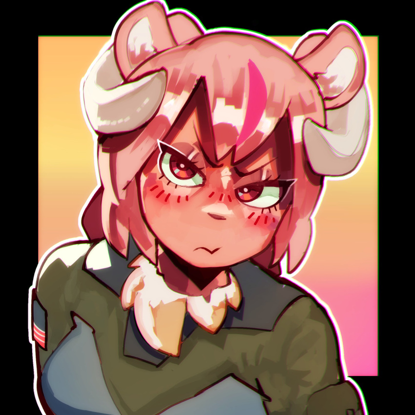 1:1 anthro blush bovid breasts bust_portrait caprine female fur hair hi_res horn looking_at_viewer mammal masha_ovechka neck_tuft pingpenne pink_hair portrait red_eyes sheep short_hair solo tuft united_states_of_america white_body white_fur