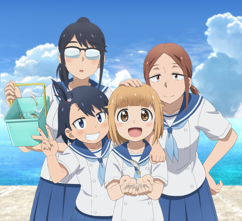 4girls :d black_hair blue_eyes blue_ribbon blue_skirt blue_sky brown_eyes brown_hair bucket closed_eyes cloud collarbone cupping_hands day fish glasses hair_ornament hand_on_another's_head hand_on_own_hip highres hodaka_natsumi holding holding_bucket houkago_teibou_nisshi kuroiwa_yuuki multiple_girls ocean official_art oono_makoto open_mouth outdoors own_hands_together photoshop_(medium) pleated_skirt ponytail ribbon sailor_collar school_uniform shirt sidelocks skirt sky smile teeth tsurugi_hina v white_shirt