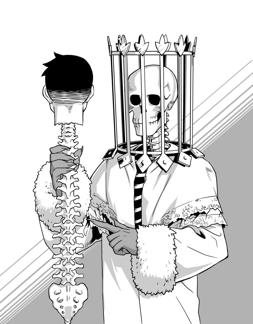 1boy 1other absurdres bad_id bad_pixiv_id cage commentary_request darkest_dungeon fur_trim greyscale highres highwayman_(darkest_dungeon) monochrome robe severed_head short_hair skeleton spine the_collector_(darkest_dungeon) undead varamill