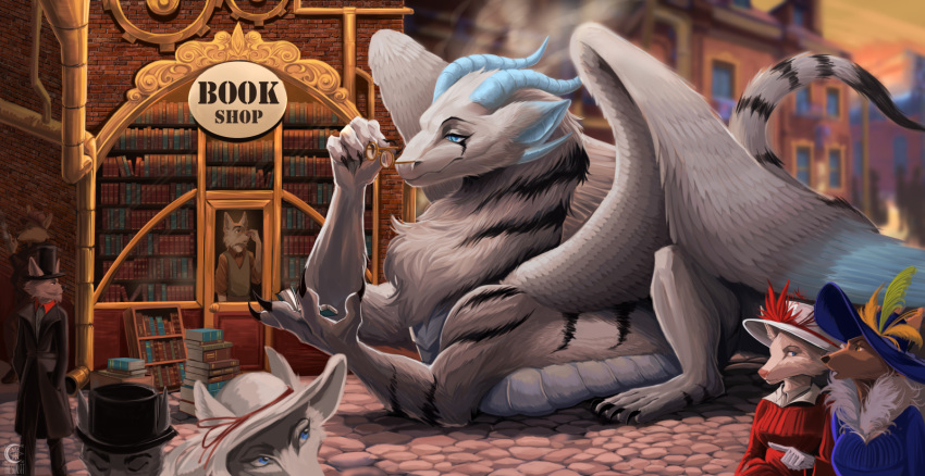 anthro book bookstore cobblestone dragon eyewear feathers female feral fur furred_dragon furred_scalie glasses group hi_res horn legend_of_ahya llydia_the_fluff_dragon_(darkflamewolf) male mammal mythological_creature mythological_scalie mythology scalie tail thesunset town victorian wings