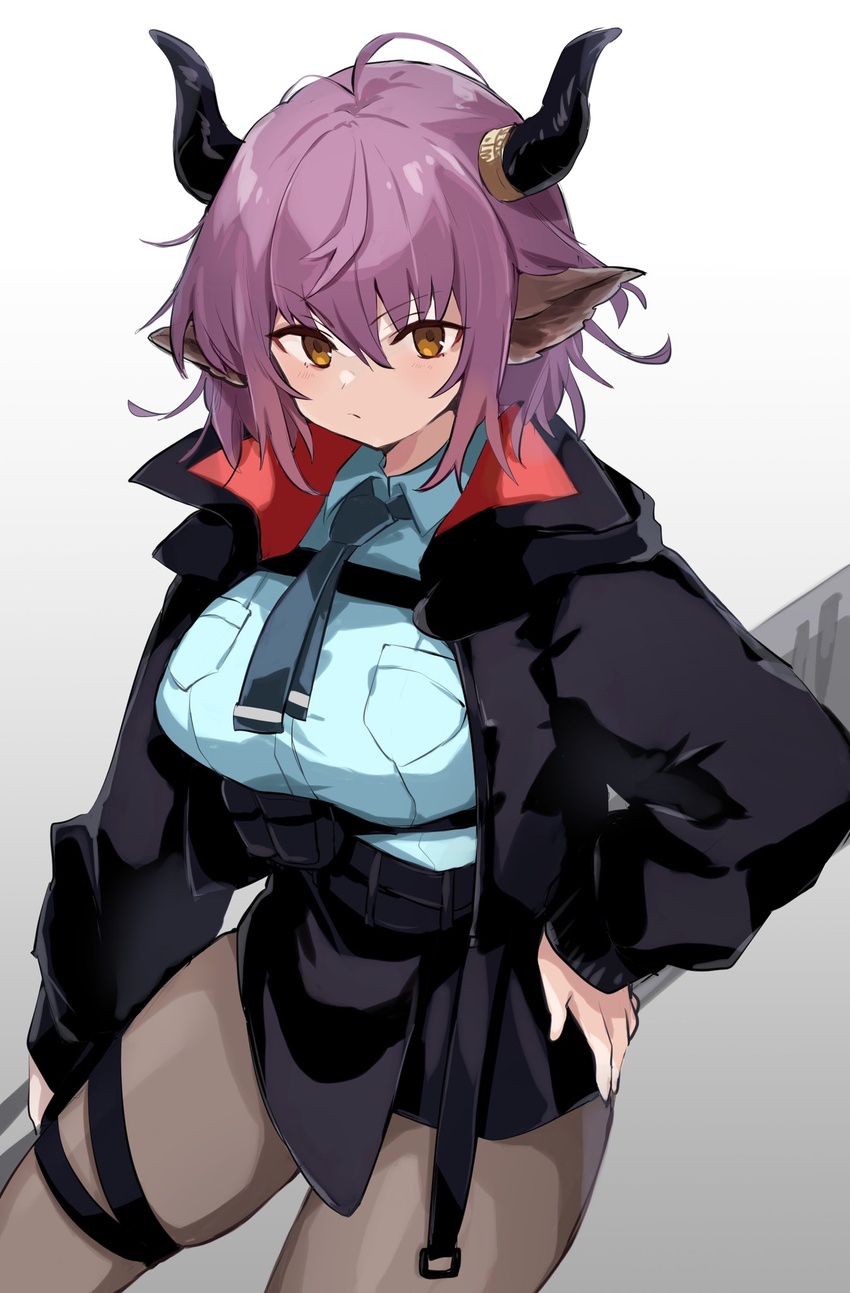 ahoge animal_ears arknights bad_id bad_twitter_id belt black_belt black_skirt blue_necktie blue_shirt breasts brown_pantyhose commentary cowboy_shot female freenote_mr glaring gradient_background grey_background hand_on_own_hip highres horns jacket large_breasts long_sleeves necktie open_clothes open_jacket pantyhose purple_hair shirt short_hair sidelocks sideroca_(arknights) simple_background skirt solo white_background yellow_eyes