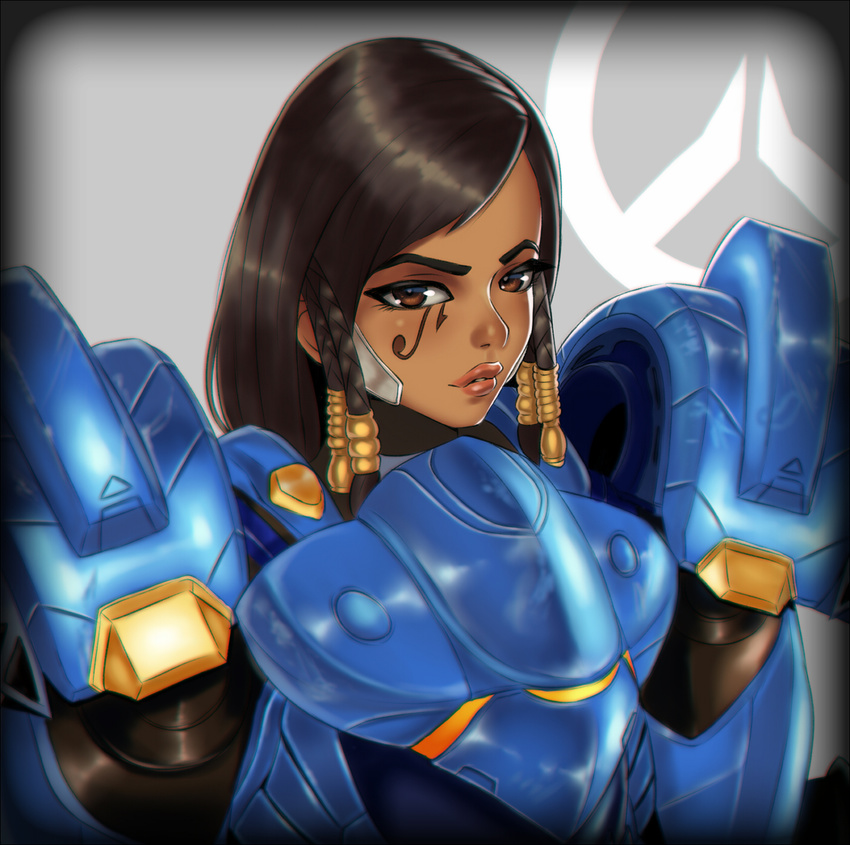 armor bad_id bad_pixiv_id blaccura brown_eyes brown_hair dark-skinned_female dark_skin female highres lips logo long_hair looking_at_viewer overwatch overwatch_1 parted_lips pharah_(overwatch) solo tattoo upper_body