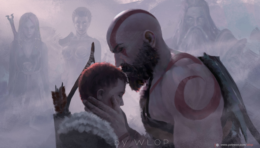 2girls 3boys artist_name athena_(god_of_war) atreus bald beard bodypaint bow_(weapon) breasts closed_eyes closed_mouth commentary english_commentary facial_hair father_and_son freya_(god_of_war) god_of_war hand_on_another's_neck kratos_(god_of_war) mature_male moustache multicolored_clothes multiple_boys multiple_girls muscular quiver short_hair spoilers weapon wlop zeus_(god_of_war)